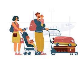 familia con niños de pie con carro con equipaje en el aeropuerto. madre con cochecito de bebé, padre con niño en las manos. ilustración vectorial plana. vector