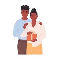 Black gay couple hugging and giving gift. Love couple with present. LGBT family. Holiday surprise. Boxing Day. vector
