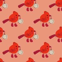 Cardinal bird in boots with christmas toy in beak seamless pattern. vector