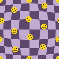 Psychedelic seamless pattern with smiling faces on trippy grid background. vector