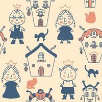 Doodle seamless pattern with princes, princesses and cats. vector