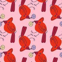 Northern red cardinal bird with christmas toy in beak seamless pattern. vector