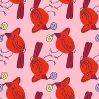 Northern red cardinal bird with christmas toy in beak seamless pattern. vector