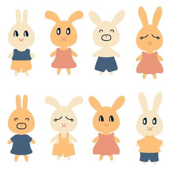 colección de conejitos lindos dibujados a mano en estilo plano. perfecto para camisetas, logo, pegatinas e impresión. vector