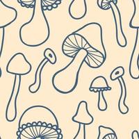 Doodle agaric mushrooms seamless pattern in 1970 style. vector