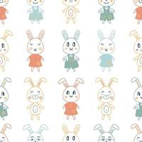 Childish seamless pattern with rabbits in doodle style. vector