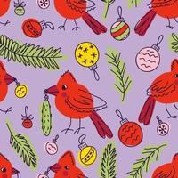 Northern red cardinal birds and christmas toys doodle seamless pattern. vector