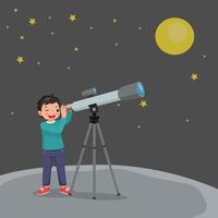 cute little boy using telescope looking at star and galaxies at night vector