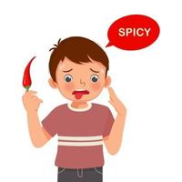 cute little boy holding red chili pepper showing spicy taste of tongue five senses vector