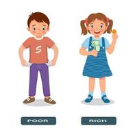 Opposite adjective antonym words poor and rich illustration of little boy with empty pocket and little girl holding money vector