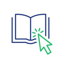 Online Library Application line icon. Mouse Pointer with Open E-book. Electronic Book for Education and Learning. Choice and Download Online Book. Editable stroke. Vector Isolated Illustration.