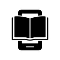 icono de silueta de libro electrónico en el teléfono móvil. dispositivo de libro electrónico para la educación y el aprendizaje. Lector de libros electrónicos, icono negro del lector electrónico. teléfono inteligente con pictograma de libro electrónico abierto. ilustración vectorial aislada. vector