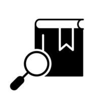 Magnifying Glass with Book Silhouette Icon. Search Books concept. Bookstore Black Icon. Search Button for Web Pages. Library and Bookstore symbol. Vector Isolated Illustration.