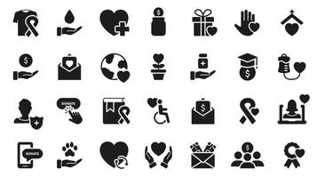Charity and Donation Silhouette Icons Set. Giving help, Donating Money, Clothing, Food, Medicines and Love for People. Volunteering, Charity and Helping concept. Vector Isolated Illustration.