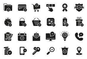 Set of Approve Silhouette Icons. Check Marks, Ticks Black Pictogram. Contains such Icons as Check List, Test, Award, Quality Control. Isolated Vector illustration.