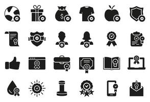 Quality Control and Check Mark Silhouette Icons Set. Food, Clothes, Water Certification Procedure, Inspection, Certification, Approval, Confirmation Black Icons. Vector illustration.