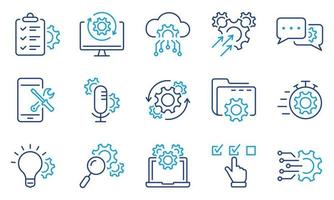 Technology Configuration Line Icon. Innovation Business Process Outline Icon. Gear, Computer, Tool, Speech Bubble Digital Setting Color Pictogram. Editable Stroke. Isolated Vector Illustration.