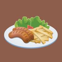 French fries with sausage vector illustration. Restaurant menu template decoration