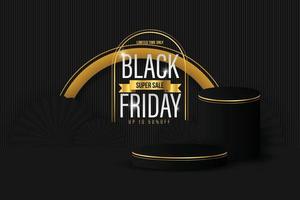 Black podium on luxury backdrop. Luxury black friday sale scene for product display presentation. Vector geometric rendering platform.