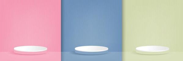 conjunto de pantalla de podio de pedestal de cilindro azul, rosa, verde, fondo de habitación vacía. vector moderno abstracto que representa la forma 3d para la presentación de productos. escena de pared mínima pastel, sala de estudio.