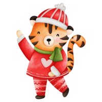 Cute Tiger in Santa costume, Watercolor Christmas season illustration, Christmas animal illustration png