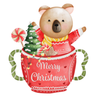 lindo panda en traje de santa en taza, ilustración de temporada de navidad de acuarela, ilustración de animal de navidad png