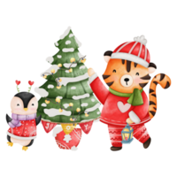 Cute Tiger and Penguin in Santa costume, Watercolor Christmas season illustration png