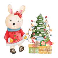 Cute Bunny in Santa costume, Watercolor Christmas season illustration, Christmas animal illustration png