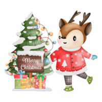Cute Deer in Santa costume, Watercolor Christmas season illustration, Christmas animal illustration png