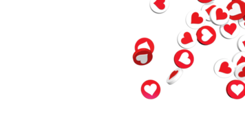 redes sociales como iconos de corazones aislados en el lado derecho, representación 3d png