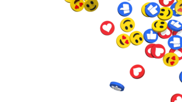 soziale medien wie daumen, herzen und emoji-symbole isoliert auf der rechten seite, 3d-rendering png