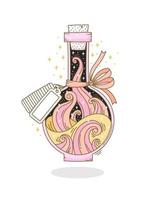 Hand drawn bottle with magic potion in fantasy style on white background. Doodle vector illustration of vial with occult objects like swirl liquid and ribbon tied tag