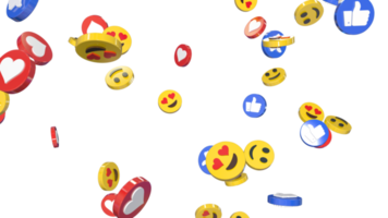 mídias sociais como polegar, corações e emoji isolados, renderização em 3d png