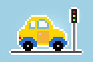 Pixel classic car in traffic light. Vector illustration of 8 bit game assets.