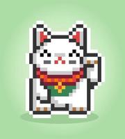 Pixel cat 8 bit. The Lucky cat, Maneki Neko in vector illustration.