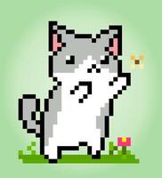 Pixel 8 bit cat catches a butterfly. Animals for game assets in vector illustrations.