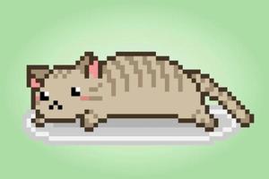 Pixel 8 bit lazy cat. Animals for game assets in vector illustration.