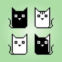 Pixel 8 bit black and white cat. Animals for game assets in vector illustration.