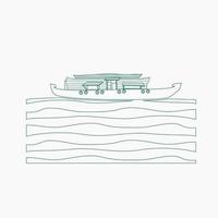 Editable Side View Indian Keralan Houseboat Backwater on Wavy Lake Vector Illustration in Outline Style for Artwork Element of Recreation or Transportation of Southwestern India Related Design