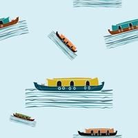 Editable Flat Style Side View Indian Keralan Houseboat Vector Illustration on Wavy Lake in Various Colors Seamless Pattern for Creating Background of Transportation or Recreation of Southwestern India