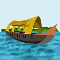 Editable Three-Quarter Oblique View Indian Keralan Houseboat Backwater Vector Illustration With Green Bush for Artwork Element of Transportation or Recreation of Southwestern India Related Design