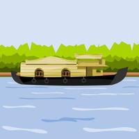 Editable Side View Indian Keralan Houseboat Backwater at Coast of Lake Vector Illustration for Artwork Element of Transportation or Recreation of Southwestern India Related Design