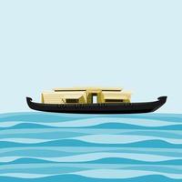 Editable Side View Indian Keralan Houseboat Backwater on Wavy Lake Vector Illustration for Artwork Element of Recreation or Transportation of Southwestern India Related Design