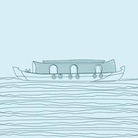 Editable Side View Indian Keralan Houseboat Backwater on Wavy Lake Vector Illustration in Outline Style for Artwork Element of Transportation or Recreation of Southwestern India Related Design