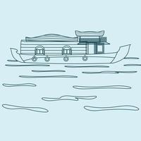 Editable Side View Indian Keralan Houseboat Backwater on Calm Lake Vector Illustration in Outline Style for Artwork Element of Recreation or Transportation of Southwestern India Related Design