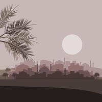 ilustración de vector de silueta oscura de ciudad árabe editable con hojas de palmera datilera y luna llena para el diseño de momentos religiosos islámicos como ramadán y eid con panorama medieval