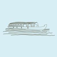 Editable Semi-Oblique View Indian Keralan Houseboat Backwater on Wavy Lake Vector Illustration in Outline Style for Artwork Element of Recreation or Transportation of Southwestern India Related Design