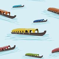 Editable Flat Semi-Oblique View Indian Keralan Houseboat Vector Illustration on Lake in Various Colors Seamless Pattern for Creating Background of Transportation or Recreation of Southwestern India