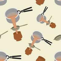 Editable Seamless Pattern of Pouring and Filtering Indian Masala Chai into Pottery Cup Vector Illustration for Creating Background of Beverages With South Asian Culture and Tradition