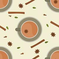 Editable Top View Indian Masala Chai with Assorted Herb Spices Vector Illustration Seamless Pattern for Creating Background of Beverages With South Asian Culture and Tradition